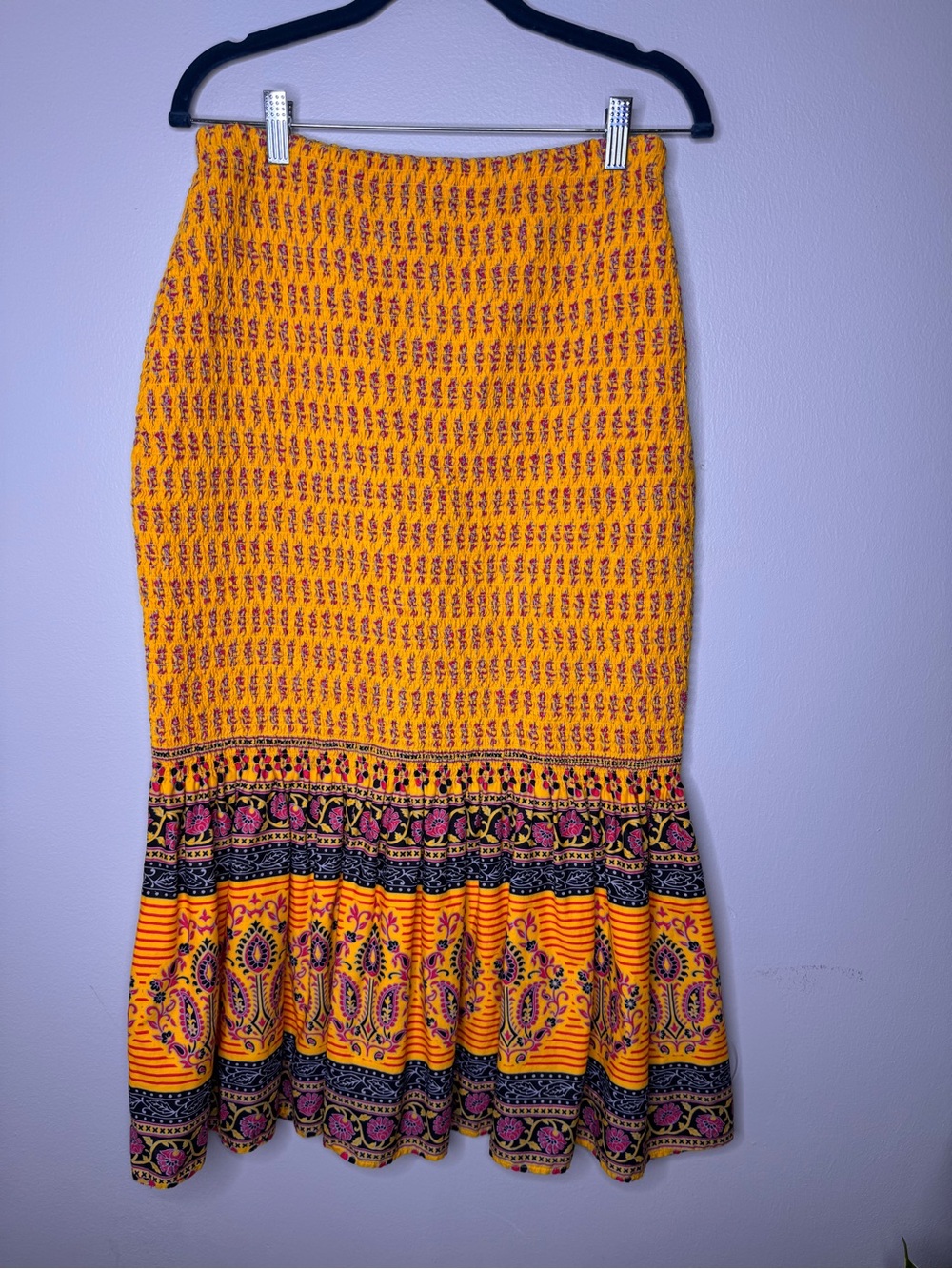 J.Crew Yellow Batik Stretch Trumpet Midi Skirt Yellow Boho Gypsy Size 6